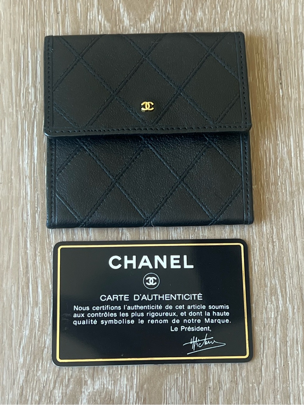 CHANEL Quilted Lambskin Black Leather Small Coin Card Wallet with Gold CC